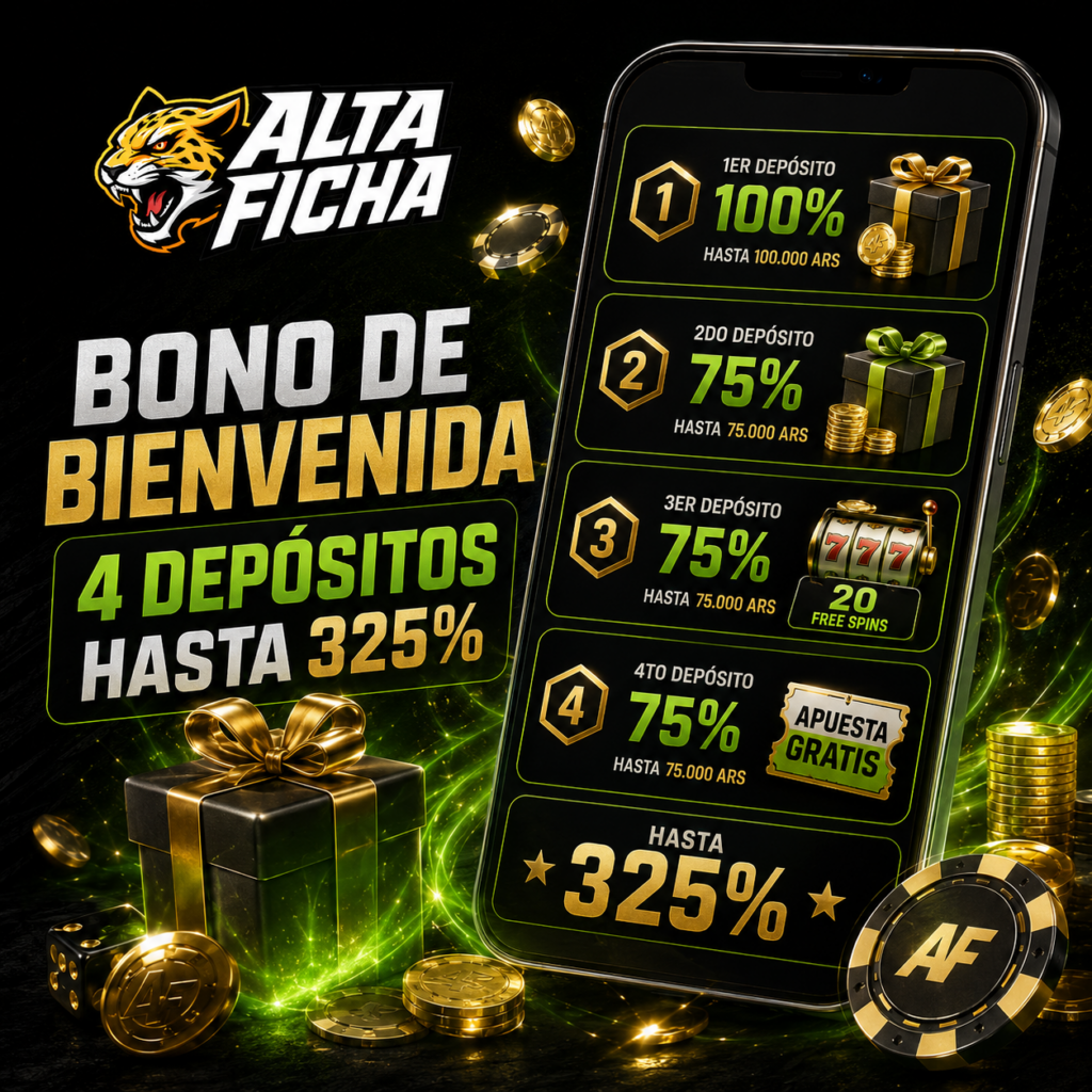 Bono de bienvenida de Altaficha con cuatro depósitos, porcentajes acumulados y beneficios para casino y sport