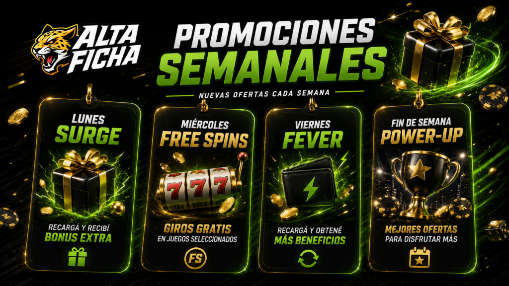Promociones semanales de Altaficha con Monday Surge, Wednesday Free Spins, Friday Fever y Weekend Power-Up
